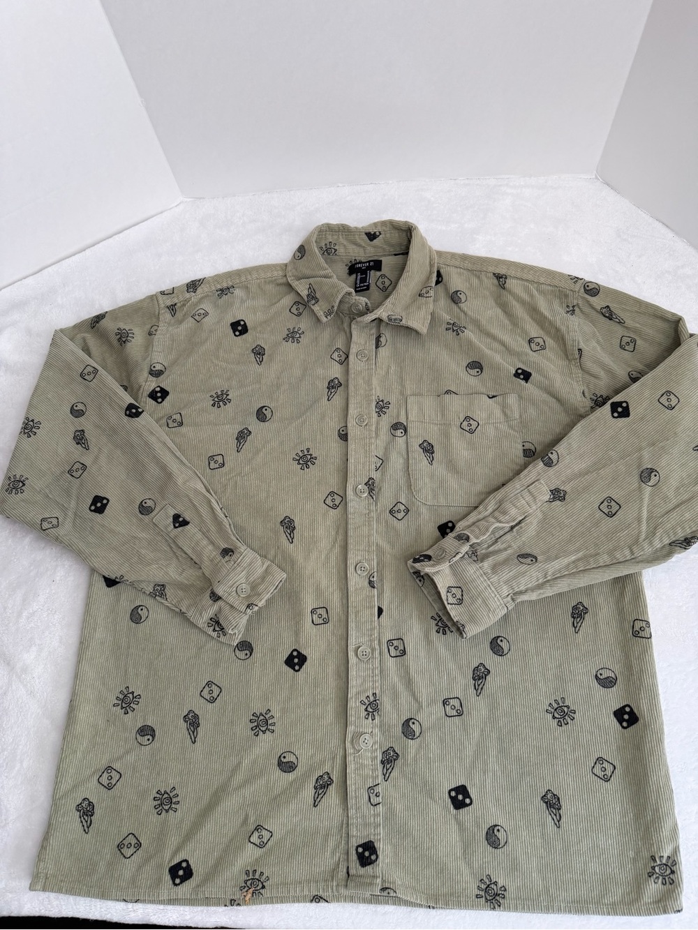 Forever 21 Olive Green Printed Corduroy Button-Up Shirt Size M